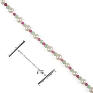 White Freshwater Pearl, Tourmaline & JadeIite Rounds, 1m Strand + 925 Sterling Silver Multi-Strand Bars with 5 Loops