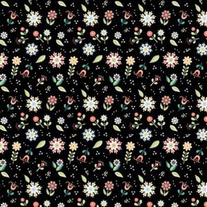 Poppie Cotton Chick-A-Doodle-Doo Pickin Daisies on Black Fabric 0.5m UK exclusive