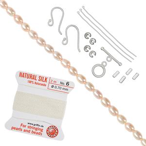 925 Sterling Silver, Freshwater Cultured Peach Rice Pearl Kit With Pearl Knotting Technique Sheet