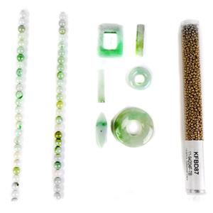 Toggle Woggle-Jade Rectangle & Bar Clasp, Jade  Donut & Marquise Clasp, Jade Toggle Clasp,100cts Jadeite Plain Rounds & Matte Champagne Seed Beads