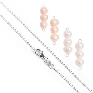 925 Sterling Silver Triple White & Pink Freshwater Rice Pearl Connectors, 4pcs & 20