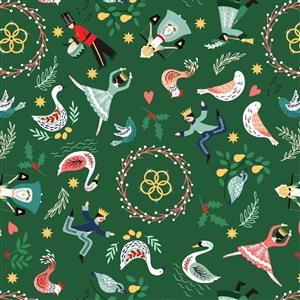 Lewis & Irene 12 Days Of Christmas Multi Green Fabric 0.5m