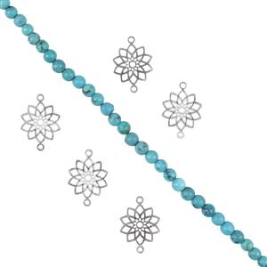 Ocean Wave - Turquoise Round Smooth Approx 4mm, 20cm Strand & 925 Sterling Silver Filigree Connector (5pcs)