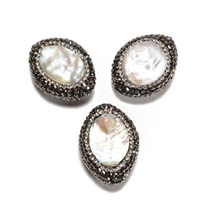 Cubic Zirconia Encrusted Freshwater Cultured Pearl Spacer Approx 10x14mm (3pcs)