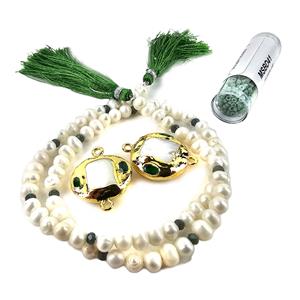 Elegance; Encrusted White Freshwater Pearl Charm, Rondelles & Miyuki Green 11/0