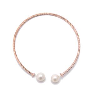 Rose Gold Plated 925 Sterling Silver Twisted Bangle With 2 x White Freshwater Cultured Pearls Approx 8mm