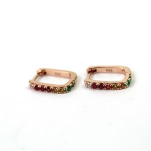 Rose Gold Plated 925 Sterling Silver Square Style Huggie Earrings With Multi Colour Cubic Zirconia Detail - 1 Pair