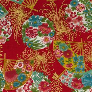 Sevenberry Gold Metallic Traditional Japanese Fan Red Fabric 0.5m