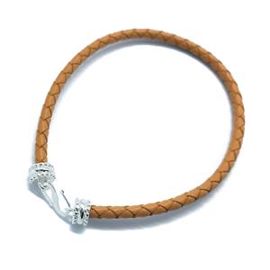 Tan Leather Braided Bracelet with Silver Plated Base Metal S Clasp approx. 20cm 