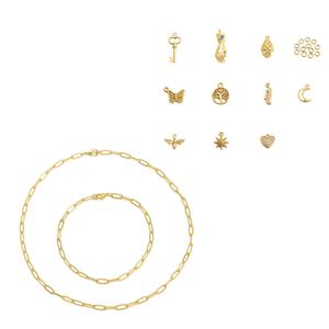 Gold Base Metal Charms x 10 with Chain Bracelet and Necklace（10 Charms with 10 x Jump Rings, 1 x Bracelet, 1 x Necklace）