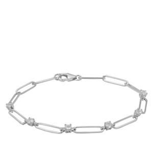 925 Sterling Silver Round & Long Link Bracelet with White Topaz, Approx 7 Inch
