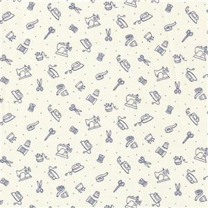 American Country Collection Blue Notions On Natural Fabric 0.5m