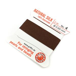 Silk Thread, Size 04 (.6 mm, .024 in) - Brown, with needle, 2 m (6.5 ft)