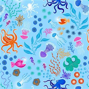 Lewis & Irene Ocean Glow Collection Under The Sea Blue Glow In The Dark Fabric 0.5m