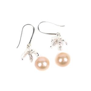925 Sterling Silver Sheperd's Hooks With  White Topaz Flower Pin Bail & Peach Freshwater Cultured Pearls Approx  9mm (1pair)