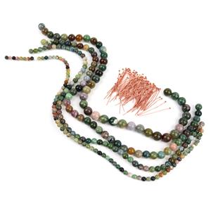 Mother Earth; 600cts Multi-Fancy Jasper Rounds 4-10mm, Rose Gold Plated Flat Headpins 
