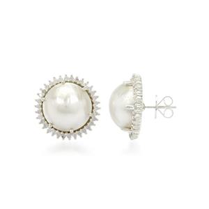 925 Sterling Silver South Sea Mabe Cultured Pearl With White Zircon Earrings, Approx 19x19mm