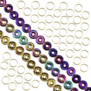Jump Around! - Hematite Round Jump Rings, Rainbow, Purple & Golden, Gold Plated Base Metal Round Open Jump Rings, 100pcs 