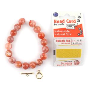 Flame; Nanhong Agate Plain Rounds, 19cm Strand, Gold 925 Sterling Silver Clasp & Silk