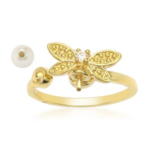 Gold Plated 925 Sterling Silver Bee Spinning Adjustable Fidget Ring with Pearl Approx 6x4mm and 0.045 White Topaz Faceted Round Approx 2mm
