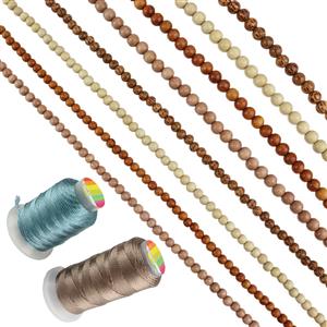 Wooden Beads! 8x Strands Of Various Wooden Beads 40cm Strands, Turquoise & Tan 0.9mm Cords
