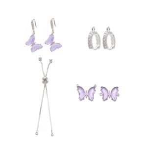 Silver Plated Base Metal Butterfly Purple Glass Pendant, Earrings, Slider Bracelet (4 pack Butterflies)