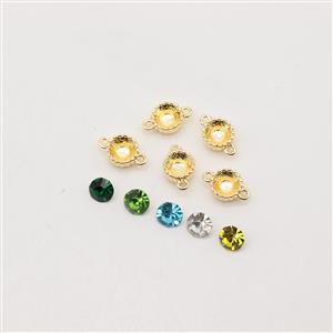 Gold Plated Base Metal Bezel Cup Connectors and Cabochons 8mm (Emerald, Chrysolite, Light Sapphire, Crystal, Yellow/ 5pcs)