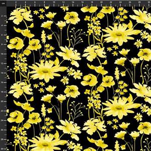 Henry Glass Misty Morning Black and Yellow Floral Fabric 0.5m