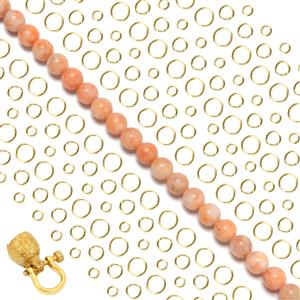 Gold Plated Base Metal Open Jump Rings, 3mm, 5mm & 7mm With Wolf Screw Pin Clasp & 8mm Round Orange Calcite 