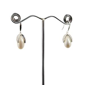 925 Sterling Silver Dragon Egg Earrings White Zircon & With Freshwater Cultured Pearls (1 Pair)