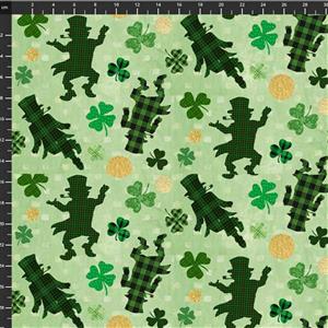 Henry Glass Hello Lucky Tossed Leprechauns Green Fabric 0.5m