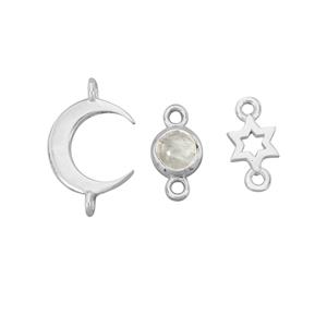 925 Sterling Silver Connector (Star, Moon, Round Bezel Set with 0.51cts Rainbow Mooonstone Cab) 