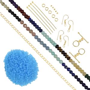 Gold Plated Base Metal, Multi Gemstone Plain Rondelles & Rounds, Blue Seed Bead Project With Downloadable Instructions By Linda Brumwell