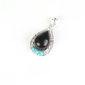 925 Sterling Silver Type A Black Jadeite Pendant With Turquoise & White Topaz