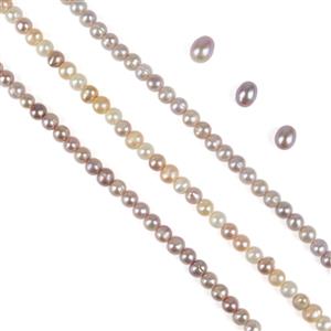 Purple & Mix Natural Colour Freshwater Cultured Pearls Bundle of 3 Strands & 3pcs Half Drilled Freshcultured Pearls Approx 7x8mm - 10x12mm