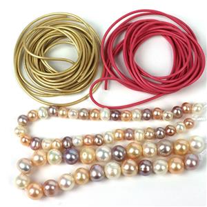 I Like BIG Pearls; 2x Natural Freshwater Cultured Potato Pearls 2mm Holes with Gold Pink Leather cords