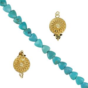15cts Turquoise Heart Approx 5 to 6mm, 15cm Strand & Gold 925  Silver Round ClaspNN