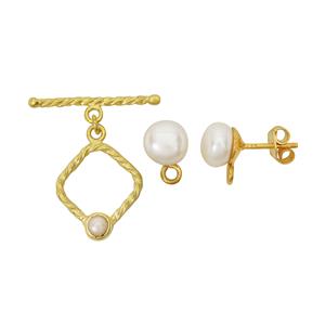 Gold Plated 925 Sterling Silver Freshwater Pearl Findings Pack with Twisted Square Toggle Clasp & Stud Earrings with End Loop (Pack of 1)