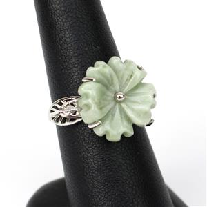 7.58ct Type A Moss-In-Snow Burmese Jade Sterling Silver Flower Ring . Size 7