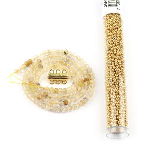Triple Terrific Gold - Gold Triple Thread Clasp, Rutile Quartz Lanterns, 11/0 Seed Beads 