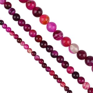 300cts Pink Banded Agate Plain Round Approx 4mm, 6mm, 8mm, Set of 3 Strands    