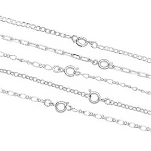 Silver Plated Base Metal Chain Bundle (10pcs – 2 x 5 Styles: Rolo, Twisted, Hammered Twisted, Flat D/C Cable & Flat D/C Curb)