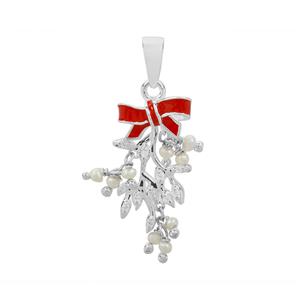 Winter At Chestnut Close By Mark Smith: 925 Sterling Silver Mistletoe Pendant Approx 31x11mm With Freshwater Cultured Pearls & White Zircon