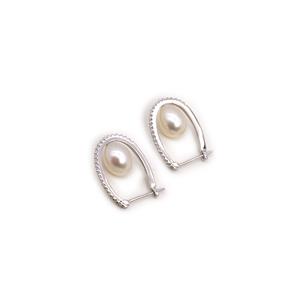 925 Sterling Silver Hoop Earrings With CZ & White Freshwater Cultured Rice Pearl Approx 8-9mm (1pair)