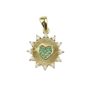 Gold Plated 925 Sterling Silver Sun Pendant With Green Cubic Zirconia Heart Approx 15x23mm