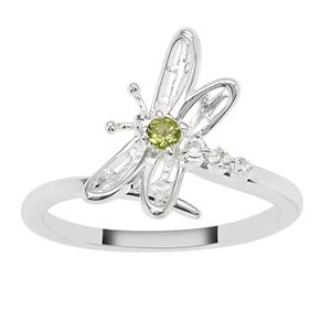 Summer At Chestnut Close By Mark Smith: 925 Sterling Silver Dragonfly Adjustable Ring (D-15mm W-11.30mm) With 0.10cts Peridot & White Topaz