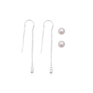 925 Sterling Silver Pull Through Earrings With White Freshwater Cultured Round Pearls, 1 Pair