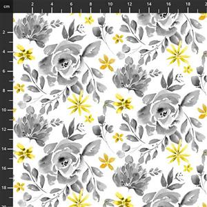 Henry Glass Misty Morning Grey and Yellow Roses Fabric 0.5m