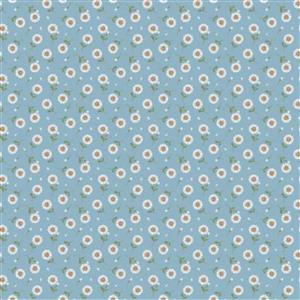 Poppie Cotton Sunshine Chamomile Collection Tossed Flowers Pale Blue Fabric 0.5m