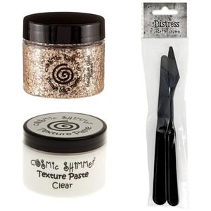 Cosmic Shimmer Texture Bundle - Clear Texture Paste 150ml, Precious Gold Mica Flakes & 2pc Palette Knives